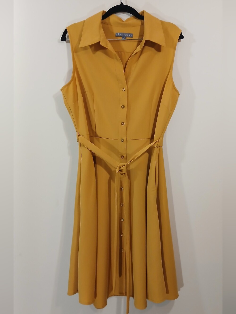 Mustard Yellow Sleeveless Shirt Midi Dress w/ Button Front & Waist Belt size 12 - Picture 2 of 7